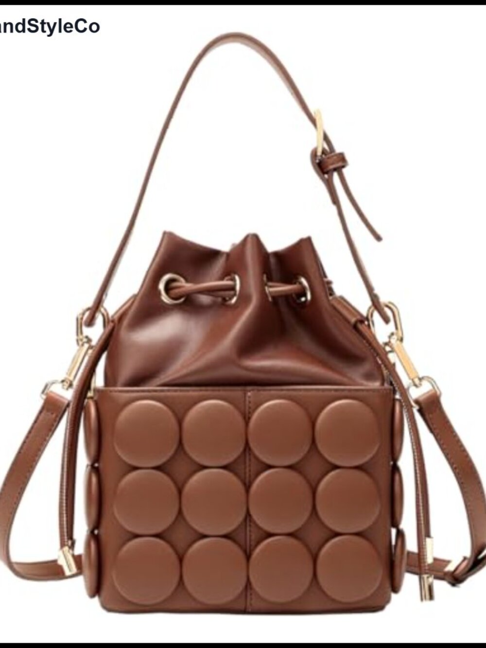 PU Leather Drawstring Bucket Bag Crossbody Shoulder Handbag Solid Dot Pattern